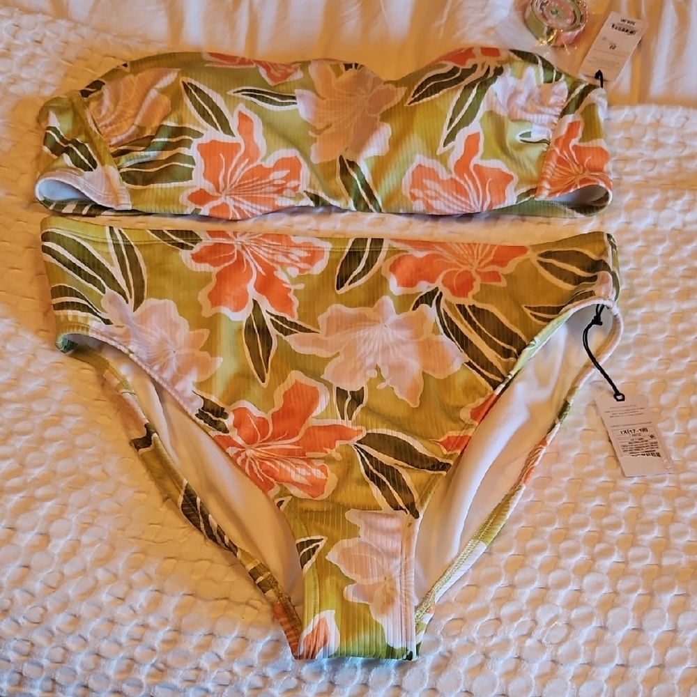 Zara Floral Bandeau Bikini Set in Lime Green and Coral